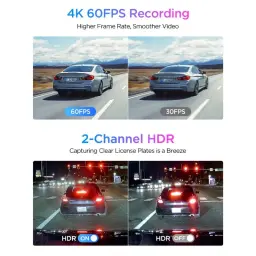 Caméra embarquée VIOFO A329S 2 canaux 4K 60 ips avec HDR, comparaison 60fps vs 30fps et HDR activé vs désactivé, lecture nette des plaques de nuit