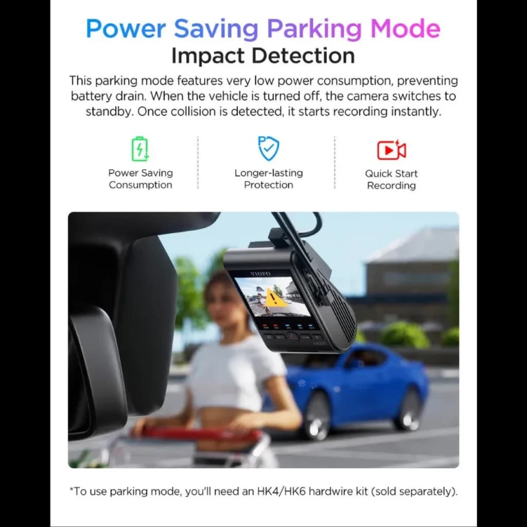 VIOFO A329S avec module arrière 2K, écran intégré, boutons latéraux, microphone et support adhésif, câblage supérieur apparent