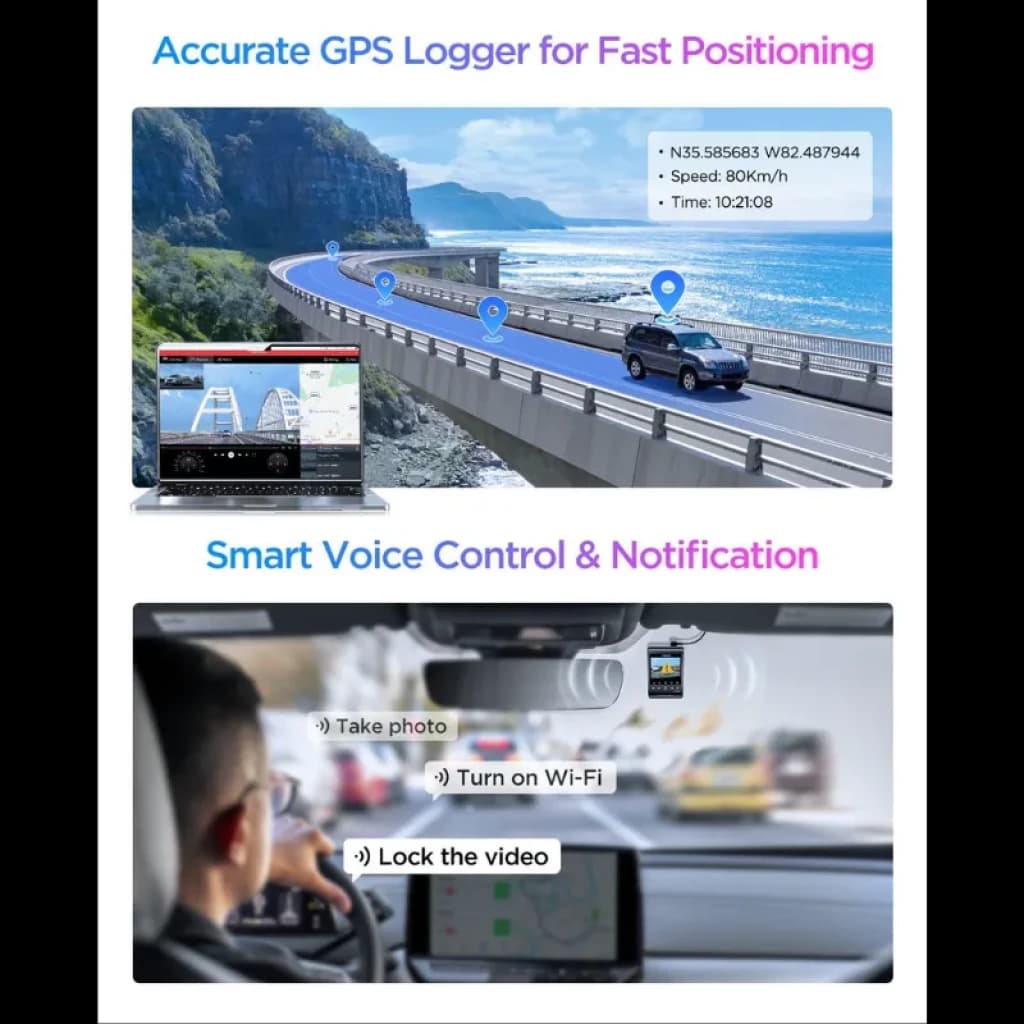 VIOFO A329S 2CH : GPS précis avec itinéraires et vitesse, commande vocale