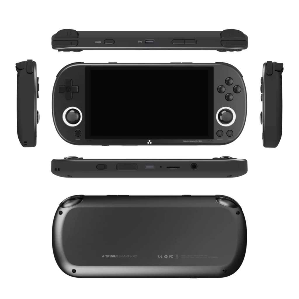 Trimui Smart Pro sem cartão SD preto, consola retro portátil com ecrã grande, botões ABXY, joystick duplo, D-pad, gatilhos e portas USB e áudio