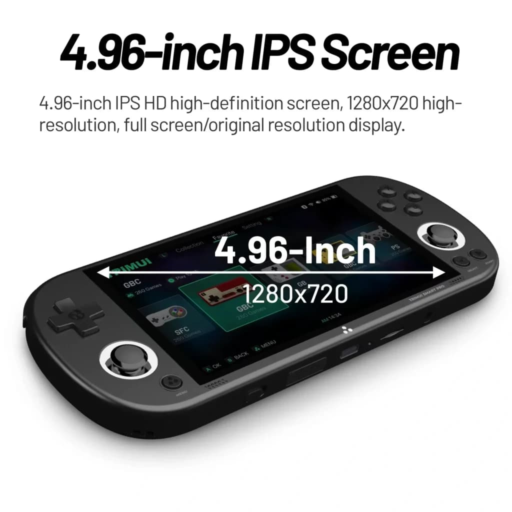 Trimui Smart Pro preta sem SD, consola retro portátil com ecrã IPS 4,96 polegadas 1280x720, botões ABXY, D-pad, analógicos duplos e alto-falantes frontais