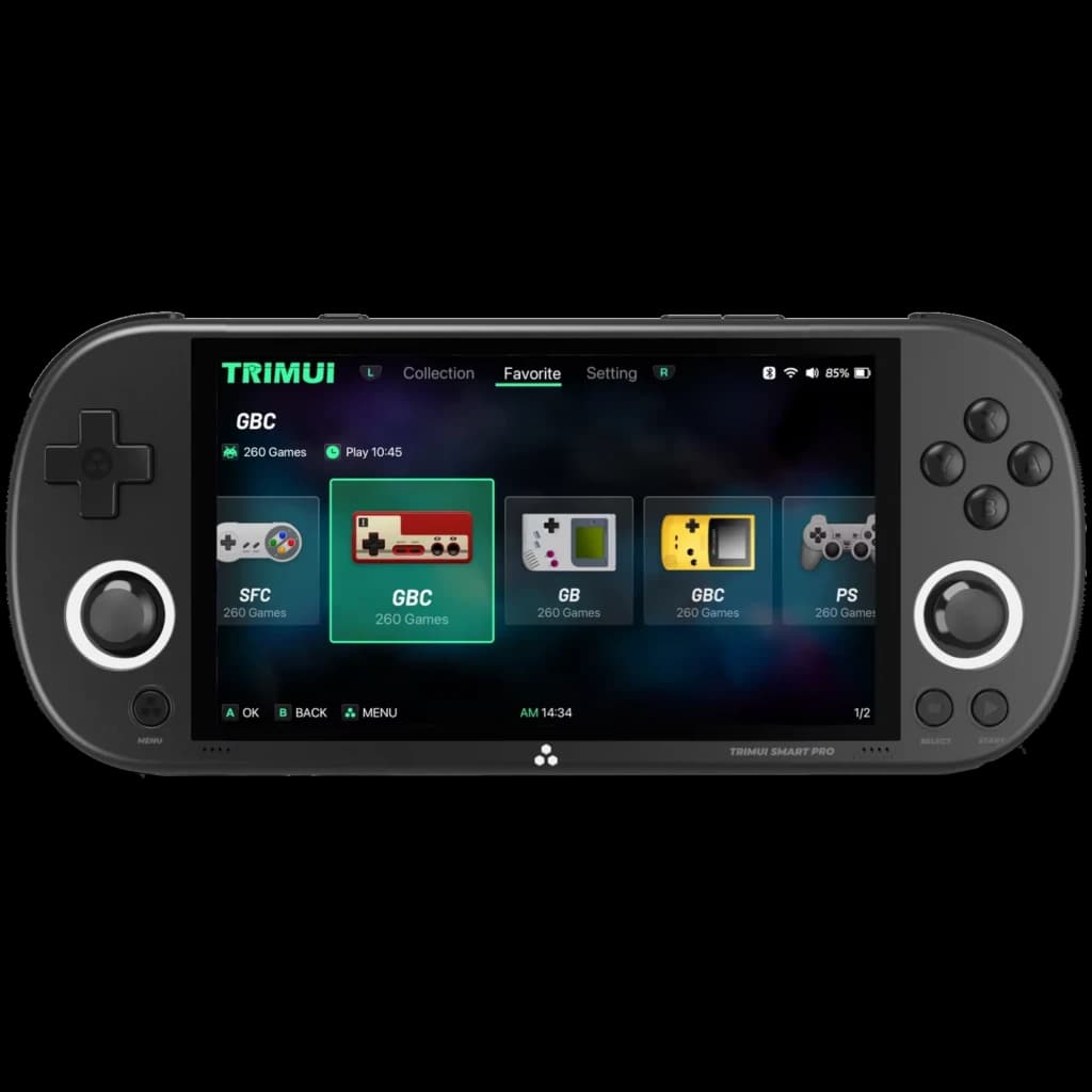 Trimui Smart Pro sem cartão SD na cor preta, consola retro portátil com tela ampla, botões analógicos duplos, D-pad, gatilhos e interface de jogos