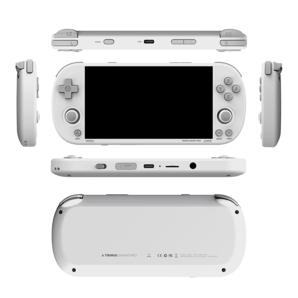 Trimui Smart Pro sem cartão SD Branco consola retro portátil com ecrã grande, botões A B X Y, D-pad, analógico duplo, gatilhos superiores e corpo compacto