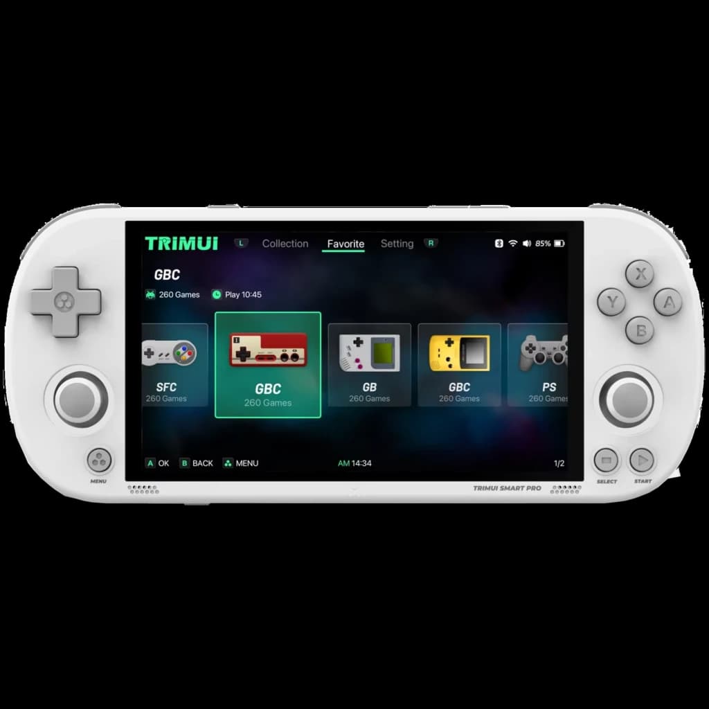 Trimui Smart Pro Branco sem cartão SD, consola retro portátil com ecrã amplo, botões ABXY e analógicos duplos, interface de jogos exibida no display