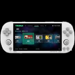 Trimui Smart Pro Branco sem cartão SD, consola retro portátil com ecrã amplo, botões ABXY e analógicos duplos, interface de jogos exibida no display