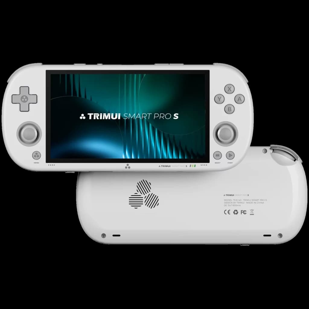 Trimui Smart Pro S TG5050 branco sem cartão SD, consola retro portátil com ecrã amplo, botões D-pad e analógicos duplos, alto-falantes traseiros e