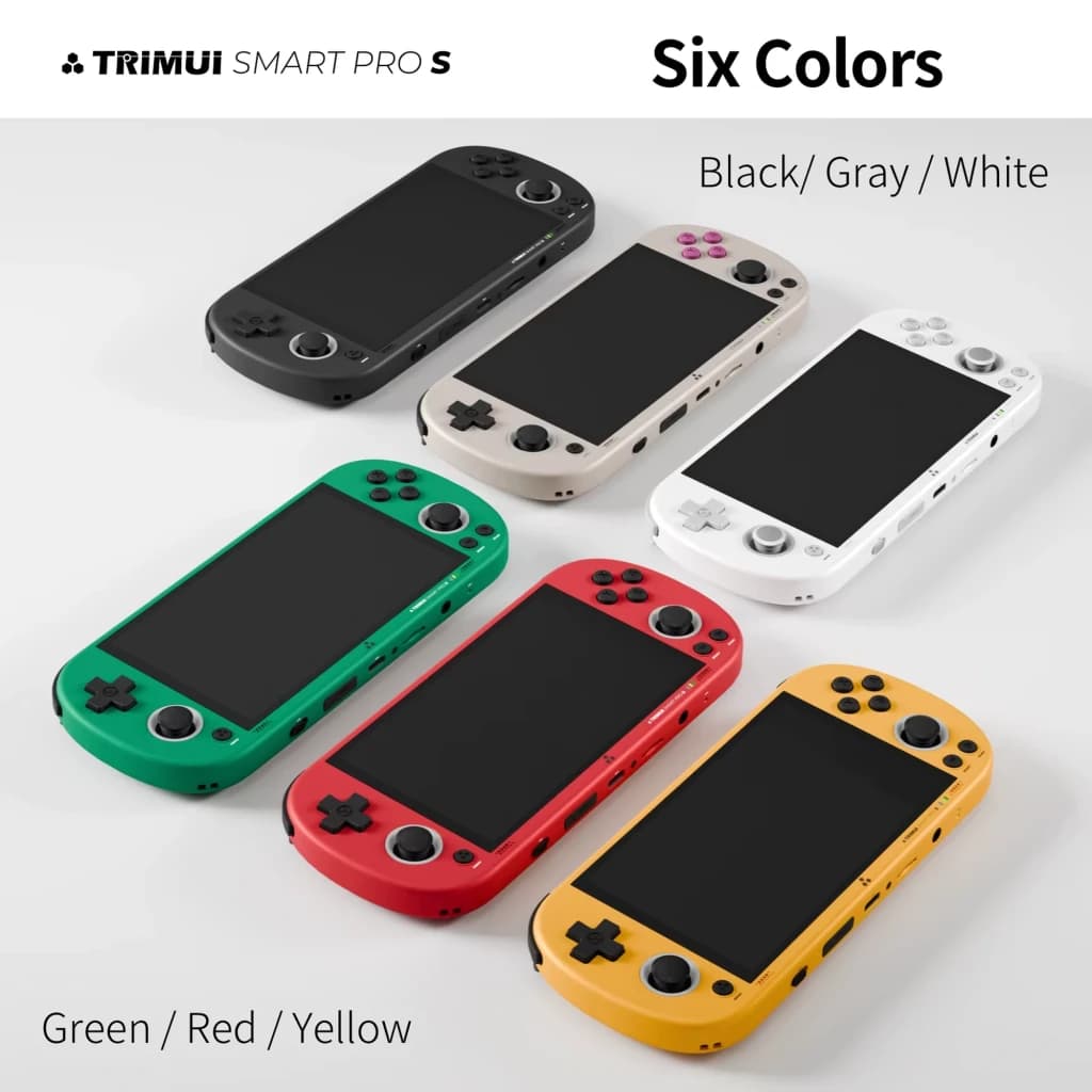 Trimui Smart Pro S TG5050 cinzento com ecrã largo, botões ABXY, analógicos duplos e D-pad; corpo compacto, bordas arredondadas, acabamento fosco sem cartão