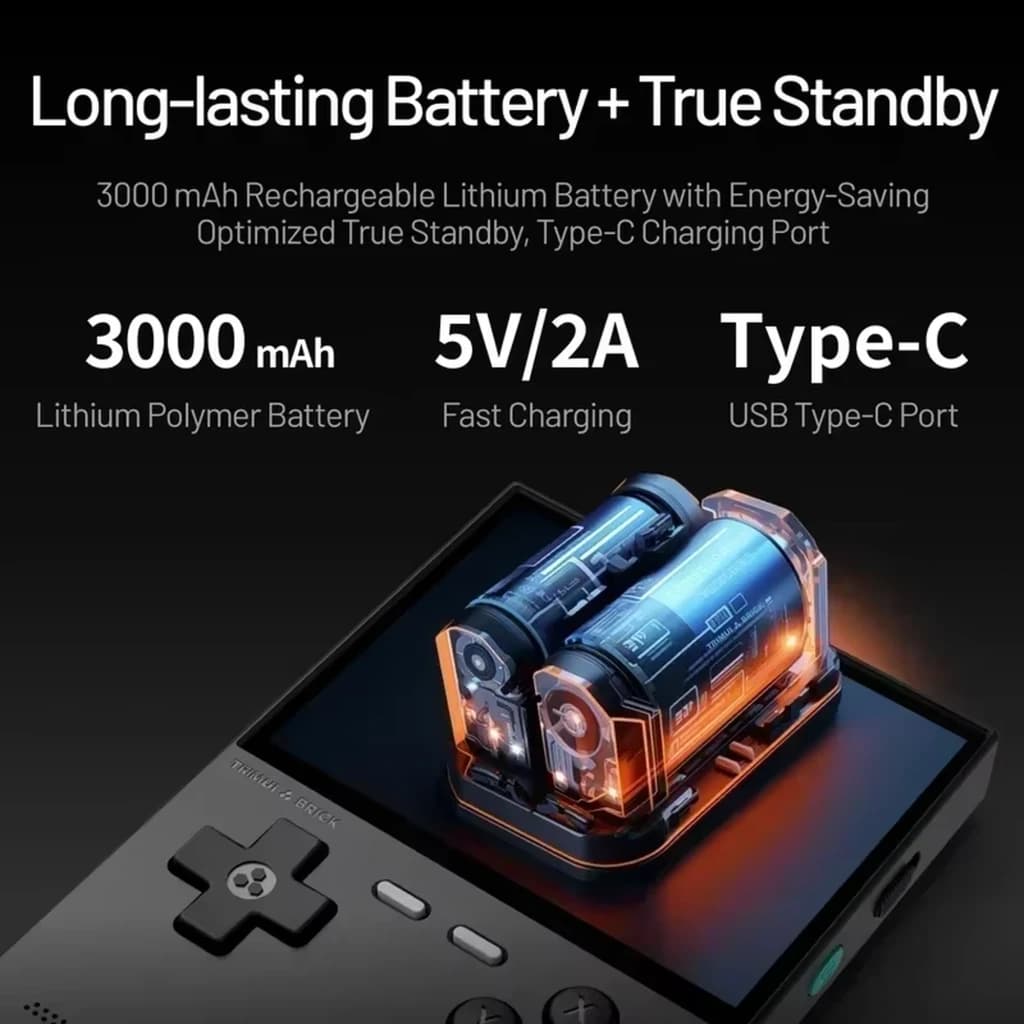 Trimui Brick sem cartão SD Preto – consola retro com bateria 3000 mAh, carregamento rápido 5V/2A via USB-C, design portátil com botões D-pad e ação