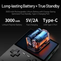 Trimui Brick sem cartão SD Preto – consola retro com bateria 3000 mAh, carregamento rápido 5V/2A via USB-C, design portátil com botões D-pad e ação