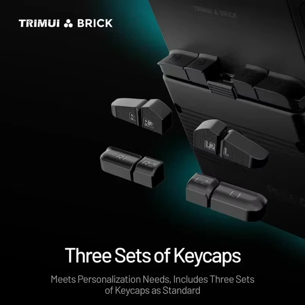 Trimui Brick sem cartão SD preto com três conjuntos de keycaps L1 L2 R1 R2 destacáveis, corpo fosco e encaixes magnéticos para personalização