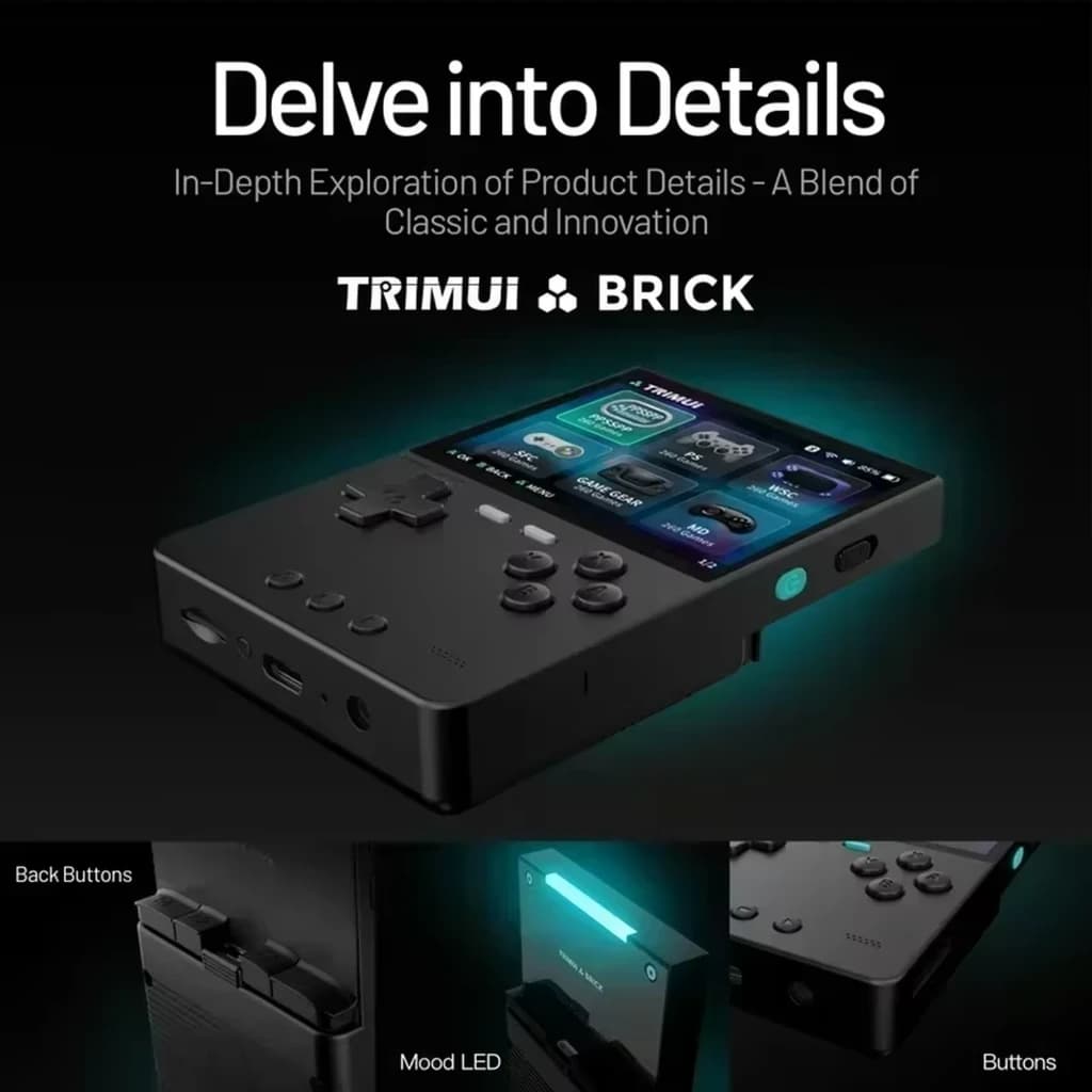 Trimui Brick sem cartão SD Preto – consola retro portátil com ecrã colorido, botões frontais e traseiros, LED ambiente e corpo compacto em preto matte