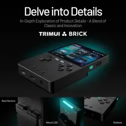 Trimui Brick sem cartão SD Preto – consola retro portátil com ecrã colorido, botões frontais e traseiros, LED ambiente e corpo compacto em preto matte