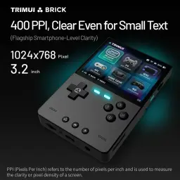 Trimui Brick sem cartão SD Preto – consola retro portátil com ecrã 3,2 pol 1024x768, botões D-pad, ABXY iluminados, altifalante frontal e corpo compacto
