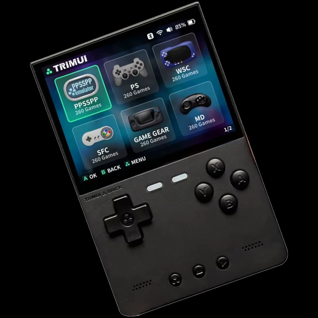 Trimui Brick sem cartão SD Preto – consola retro portátil com ecrã colorido, cruz direcional, quatro botões frontais, Start Select e alto-falantes