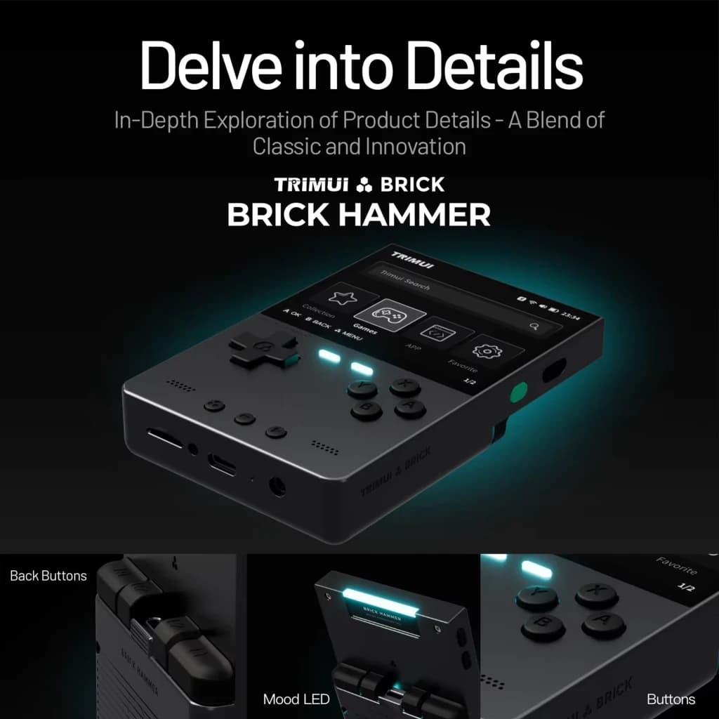 Trimui Brick Hammer Metal Preto sem cartão SD: consola retro portátil em metal, tela ampla, botões frontais e traseiros, LED de status e portas laterais