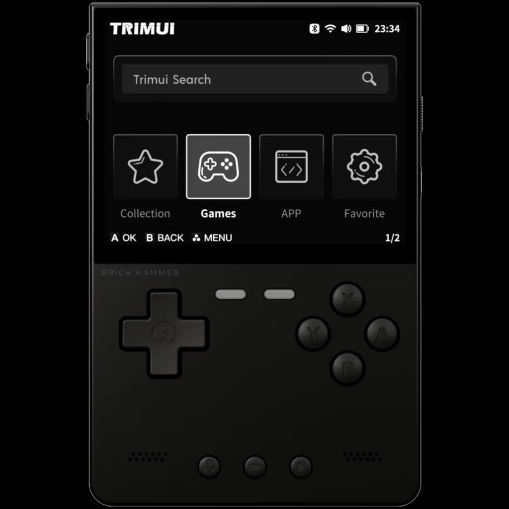 Trimui Brick Hammer Metal Preto sem cartão SD, consola retro portátil em metal, tela preta, botões A B X Y, direcional em cruz e interface de jogos onscreen