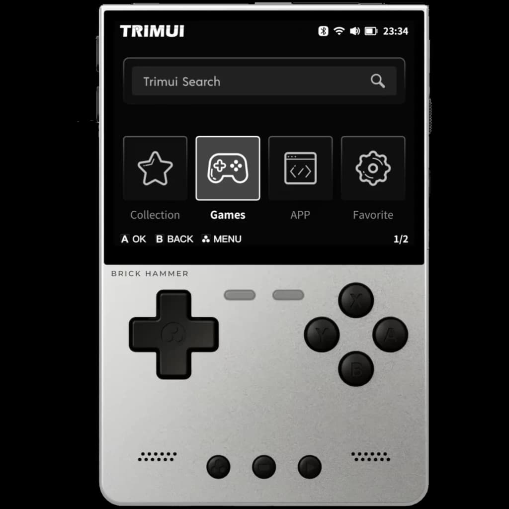 Trimui Brick Hammer Metal Prata sem cartão SD, consola retro portátil em metal, ecrã a preto e branco, D-pad, quatro botões frontais e botões de menu