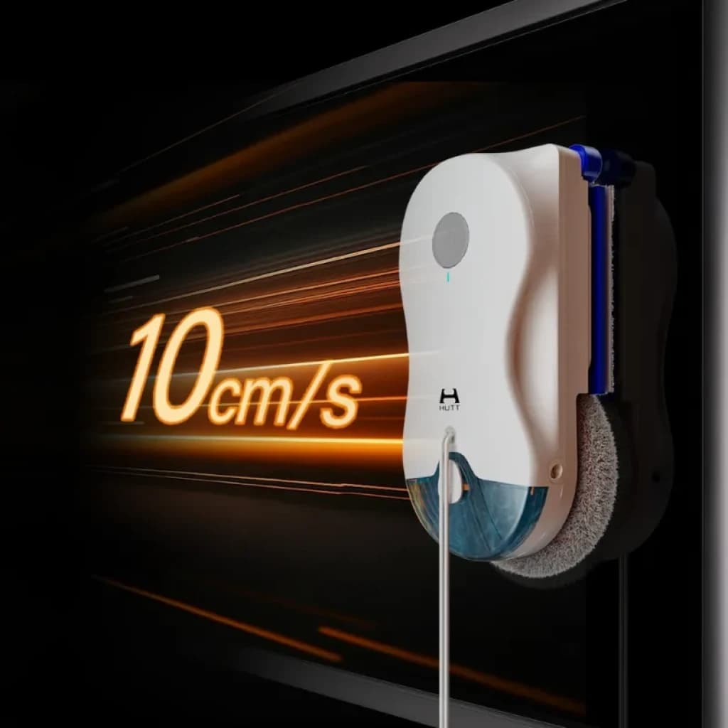 Robô limpador de vidros HUTT T10 com velocidade de 10 cm/s, corpo compacto branco, depósito frontal azul, almofadas duplas e cabo de alimentação visível