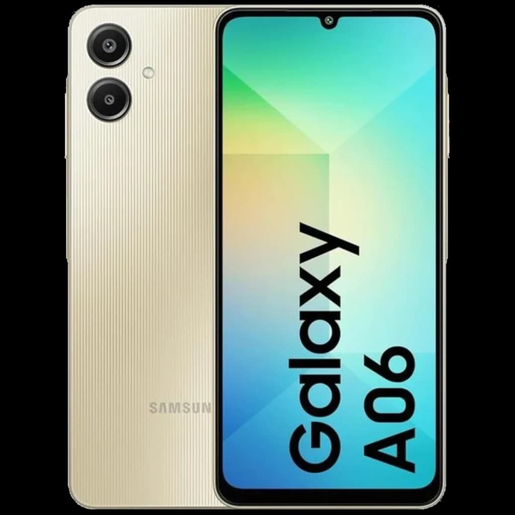 Samsung Galaxy A06 4G dourado com traseira texturizada, duas câmeras verticais, tela ampla com notch em gota e bordas finas; 4GB RAM e 128GB armazenamento