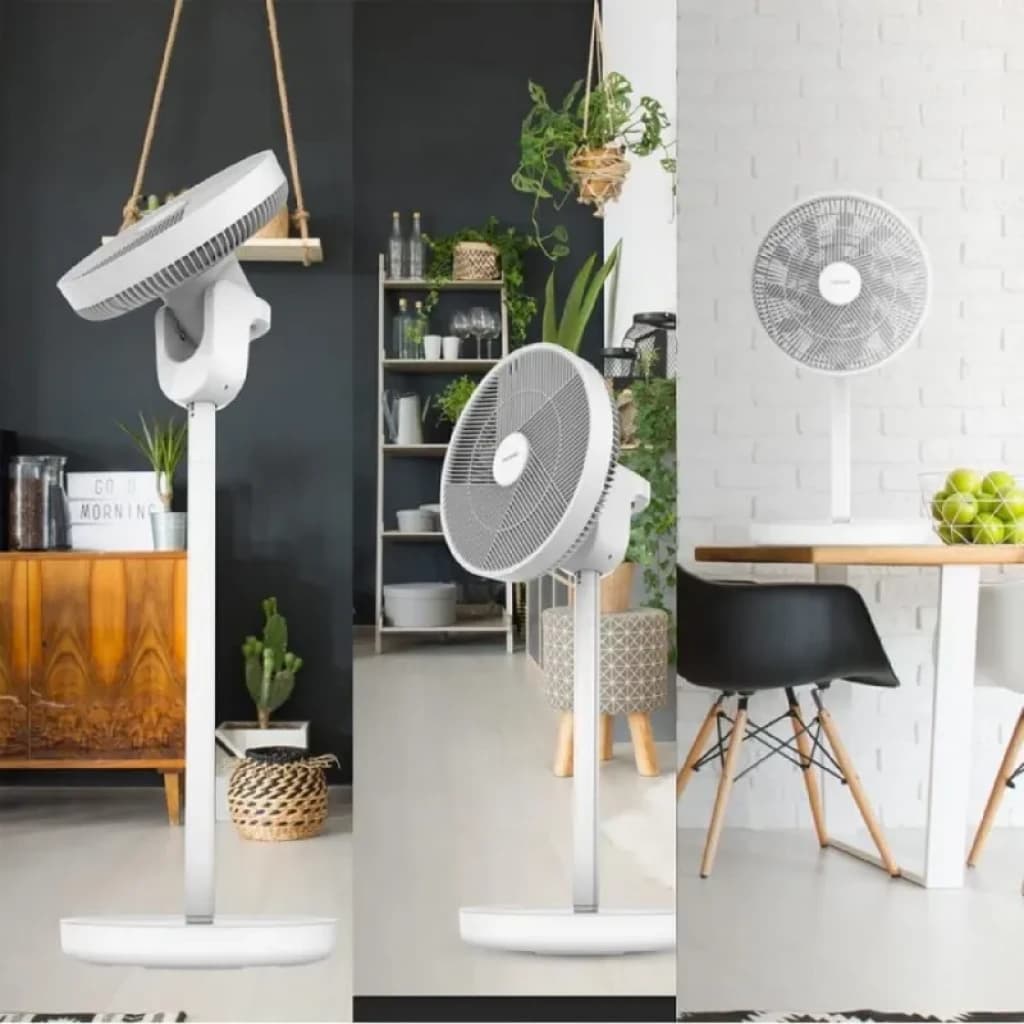 Ventilateur sur pied blanc, tête ronde inclinable, grille fine, hauteur réglable, base stable en T, style moderne pour salon ou cuisine