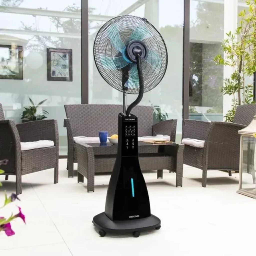 Cecotec EnergySilence 690 Freshessence - Ventilador de pie negro con panel táctil, aspas azul turquesa, rejilla metálica, base con ruedas y luz LED frontal