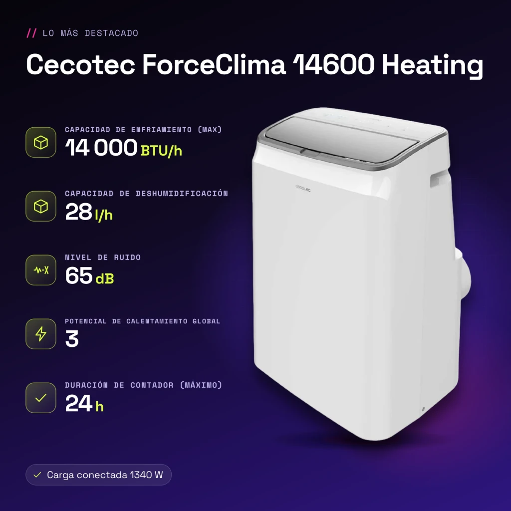 Aire Acondicionado Portátil Cecotec ForceClima 14600 Heating Blanco 14000 BTU/h Bomba de Calor - características