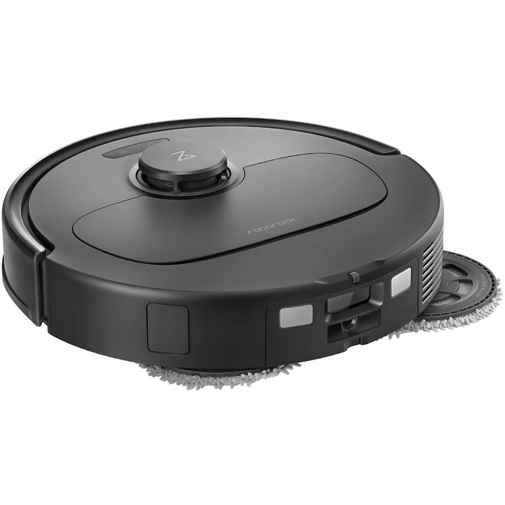 Roborock Qrevo MaxV Preto com base de autolimpeza em cinza fosco, dock alto com dois reservatórios superiores e robô circular com sensor frontal e tapete de - Item4