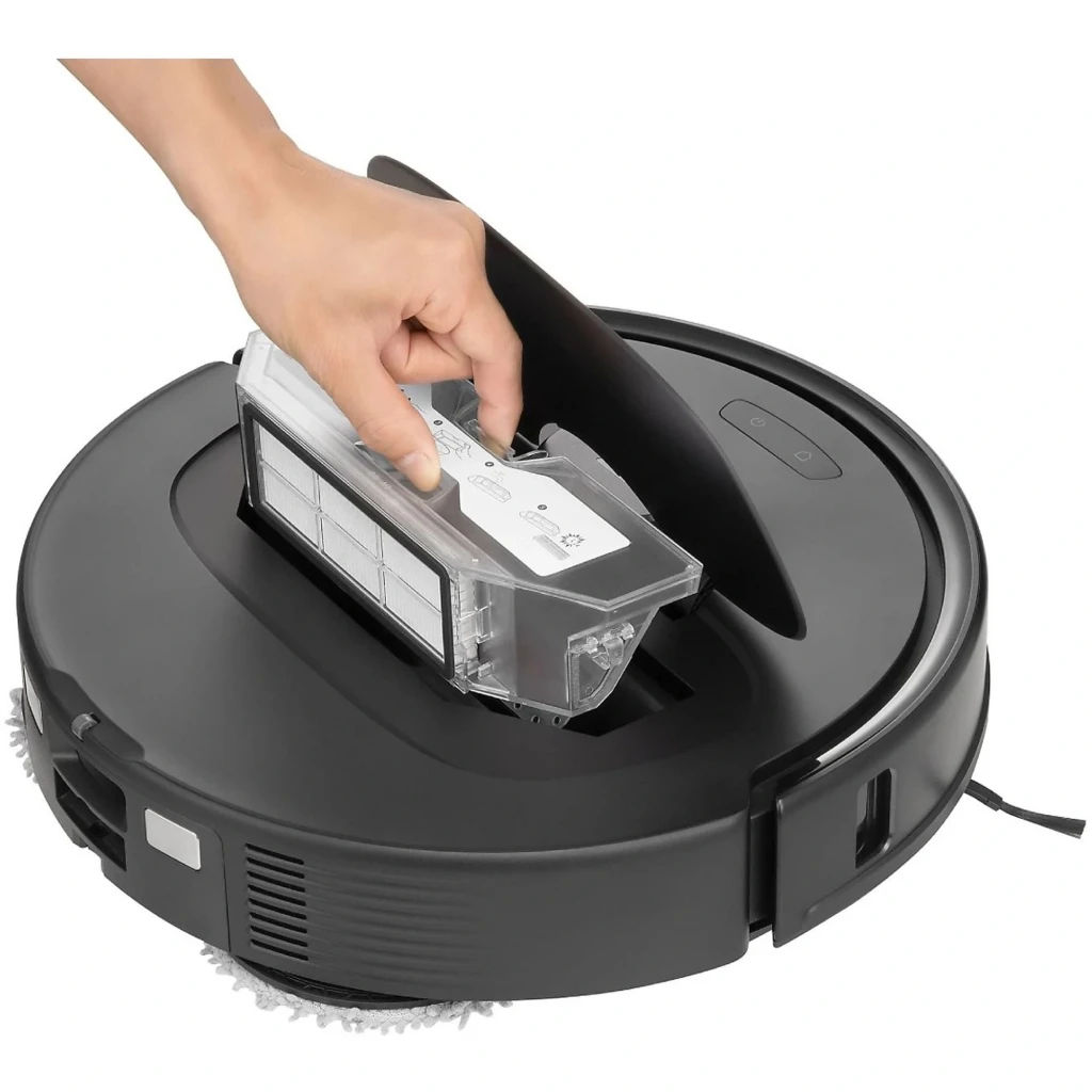 Roborock Qrevo MaxV Preto com base de autolimpeza em cinza fosco, dock alto com dois reservatórios superiores e robô circular com sensor frontal e tapete de - Item5