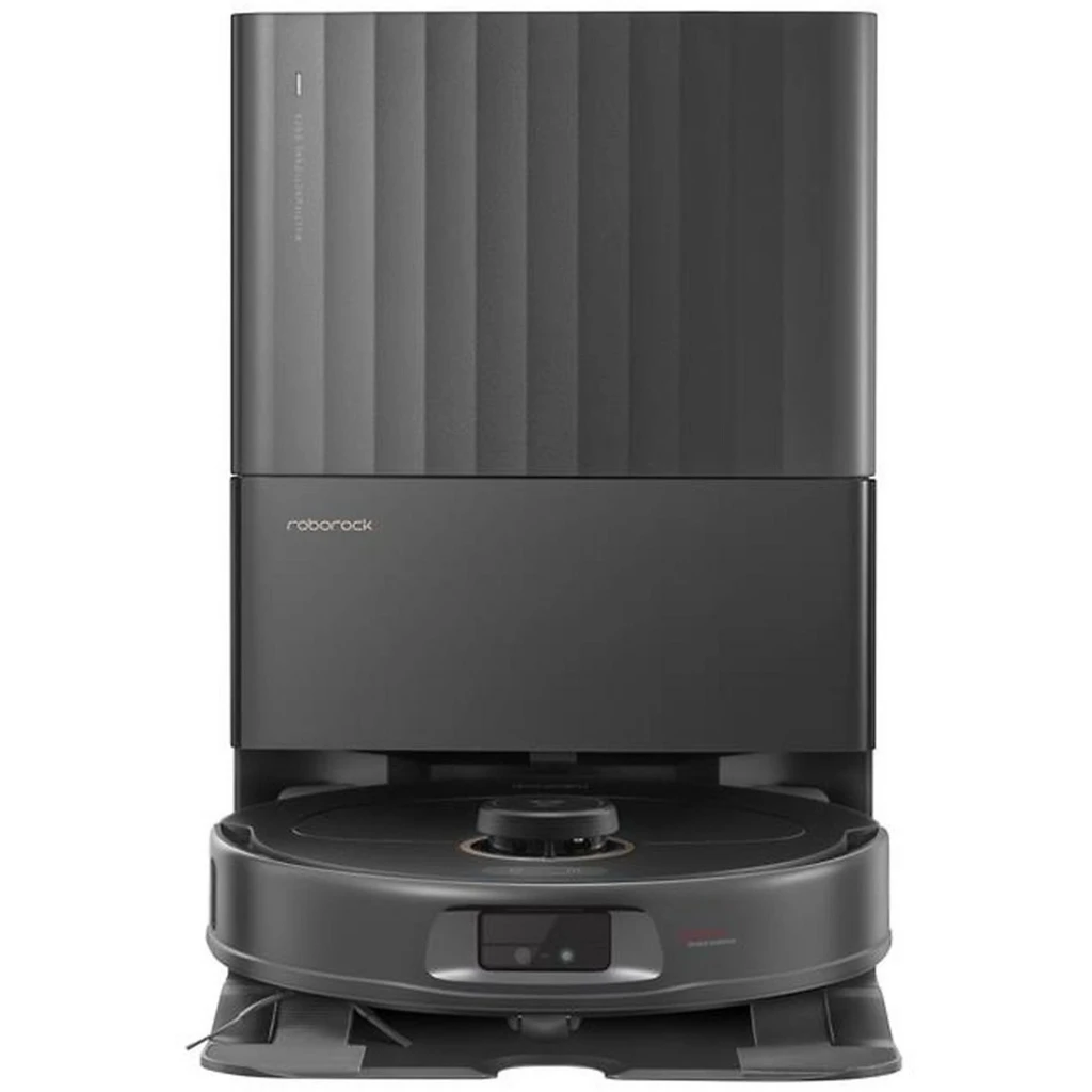 Roborock Qrevo MaxV Preto com base de autolimpeza em cinza fosco, dock alto com dois reservatórios superiores e robô circular com sensor frontal e tapete de - Item1