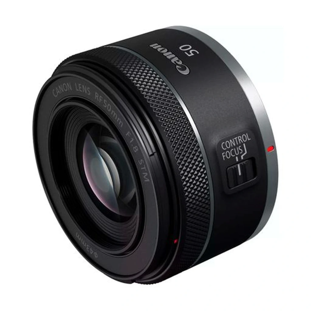 Lente Canon RF 50mm f1.8 STM compacta, corpo preto com anel de controle texturizado, marca 50 em destaque, montagem RF nativa para câmeras Canon EOS R - Item1