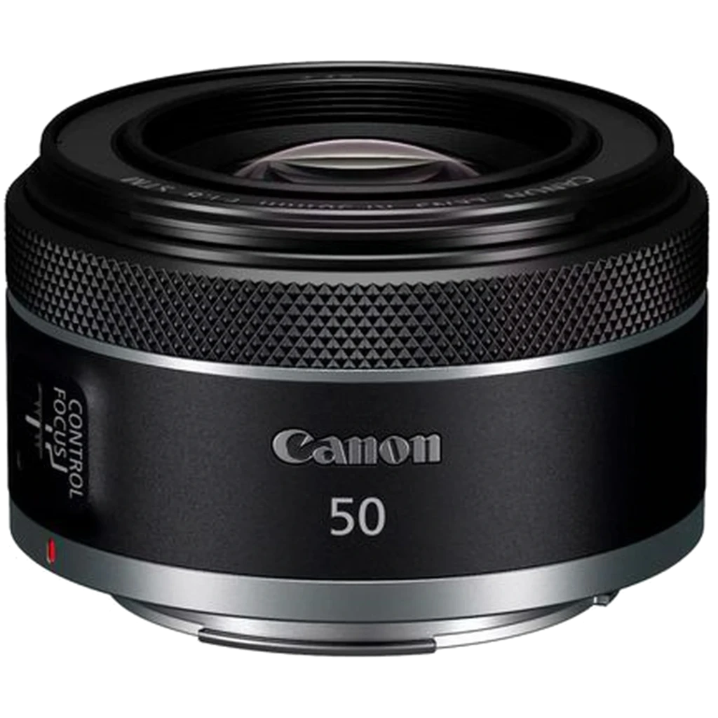 Lente Canon RF 50mm f1.8 STM compacta, corpo preto com anel de controle texturizado, marca 50 em destaque, montagem RF nativa para câmeras Canon EOS R - Item
