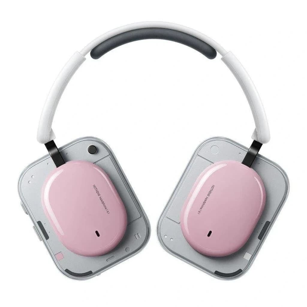 Nothing Headphone a Rosa, auscultadores on-ear sem fios com diadema branca, copas ovais rosa e braços metálicos prateados; design moderno e minimalista