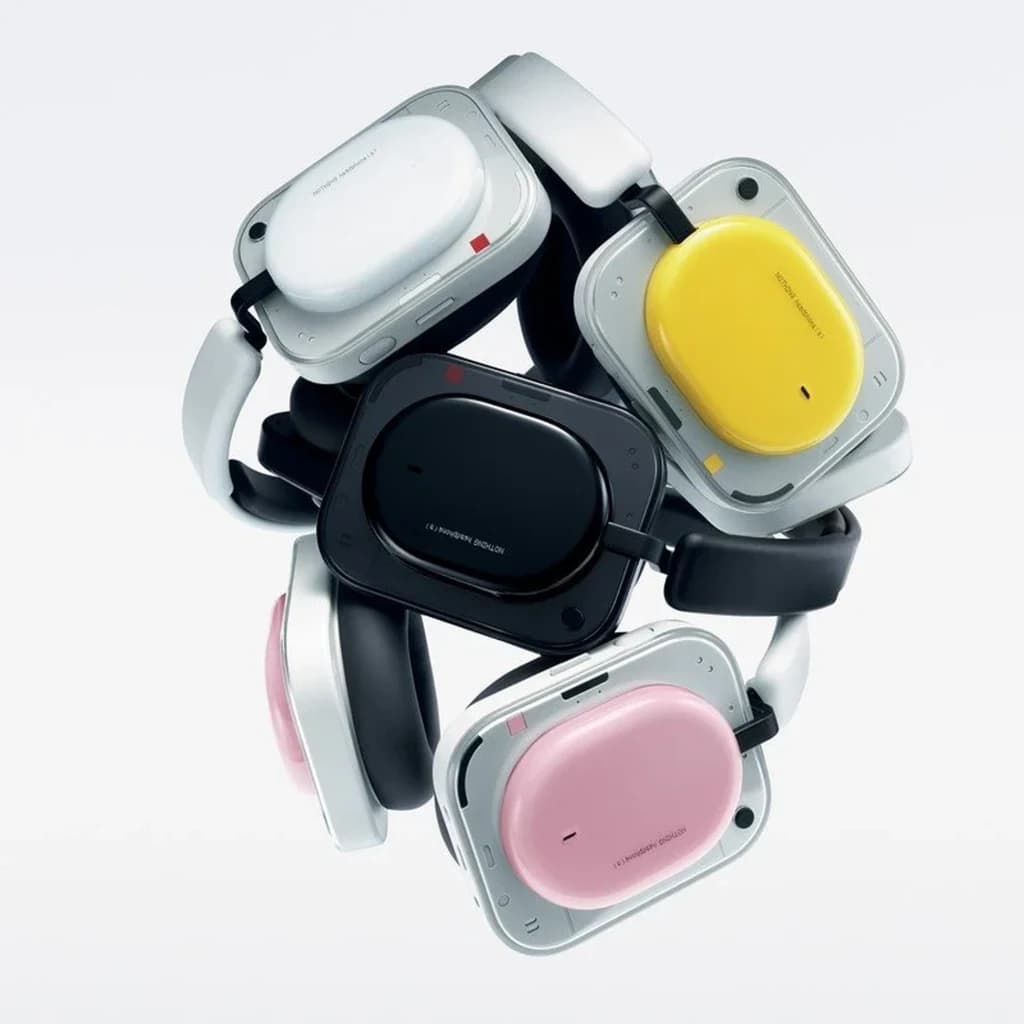 Nothing Headphone a Rosa com earcups quadrados e almofadas rosa; design moderno com variantes em branco, preto e amarelo; arco acolchoado e detalhes metálicos