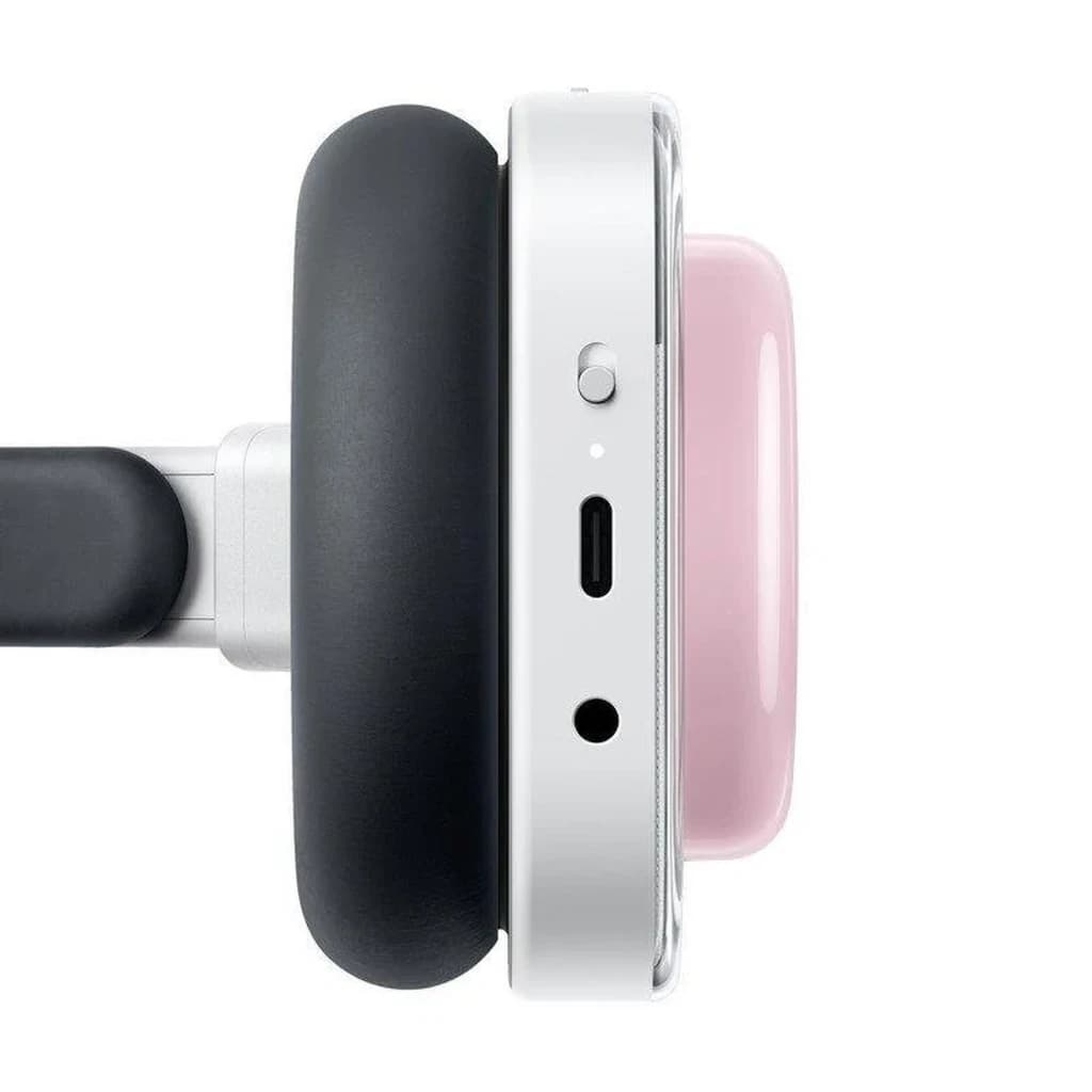 Nothing Headphone a Rosa com copas pretas acolchoadas, detalhe rosa brilhante e conector USB‑C lateral; acabamento branco e botão deslizante prata