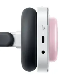 Nothing Headphone a Rosa com copas pretas acolchoadas, detalhe rosa brilhante e conector USB‑C lateral; acabamento branco e botão deslizante prata