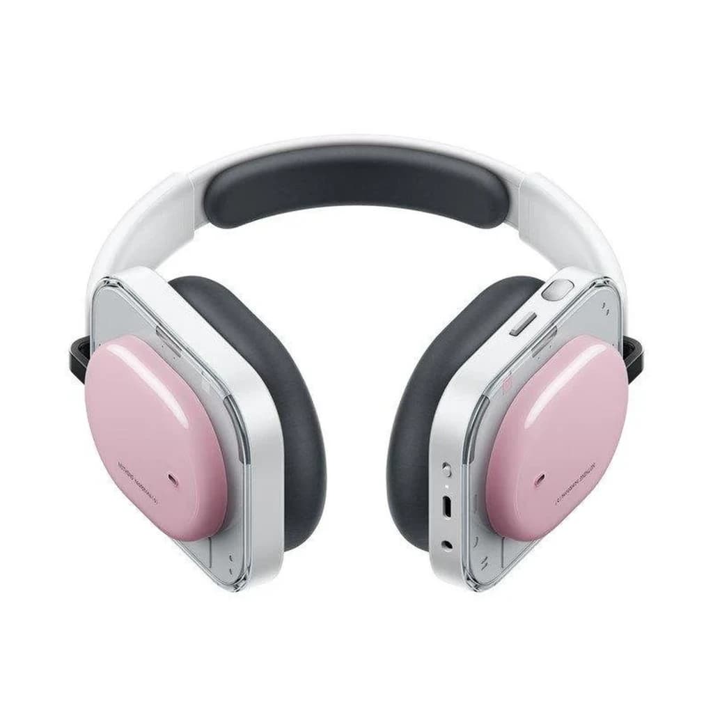 Nothing Headphone a Rosa com conchas quadradas rosa, aro branco e acolchoado preto. Almofadas over-ear, botões laterais e porta USB-C visível