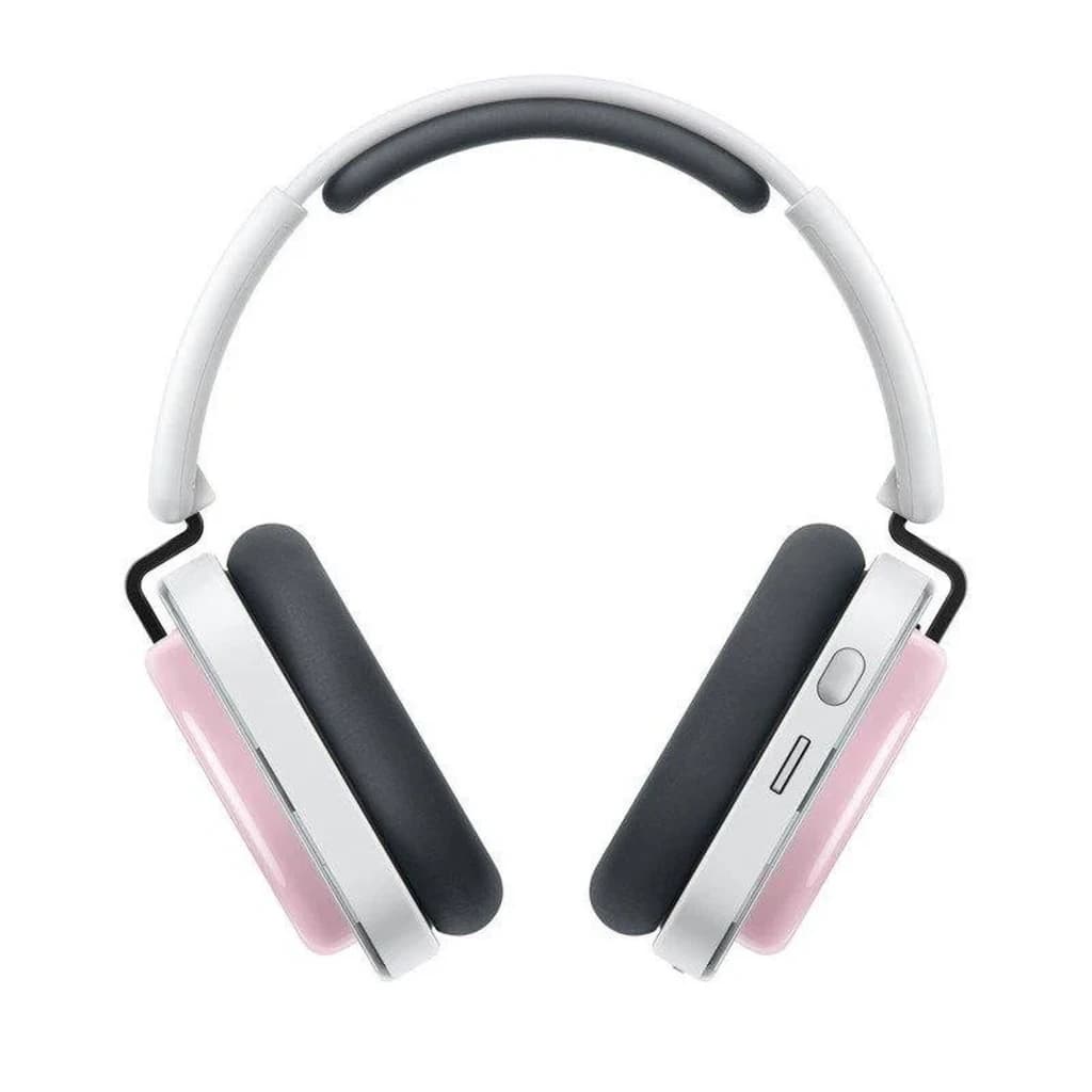 Nothing Headphone a Rosa com diadema branca, almofadas grandes em preto e painéis laterais rosa; botões e porta na concha direita, design moderno e