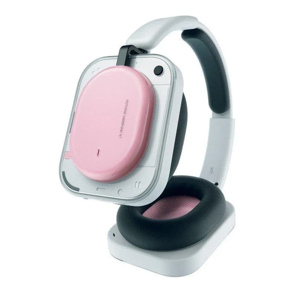Nothing Headphone a Rosa com diadema: copas quadradas rosa e estrutura branca translúcida, almofadas pretas macias, design moderno e minimalista