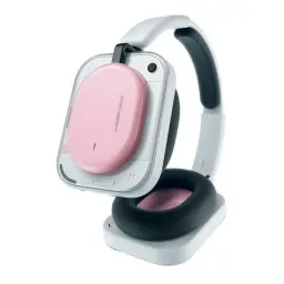 Nothing Headphone a Rosa com diadema: copas quadradas rosa e estrutura branca translúcida, almofadas pretas macias, design moderno e minimalista
