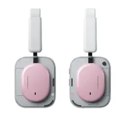 Nothing Headphone a Rosa com diadema: conchas ovais rosa, hastes brancas, design minimalista, acolchoamento visível e detalhes modulares em cinza