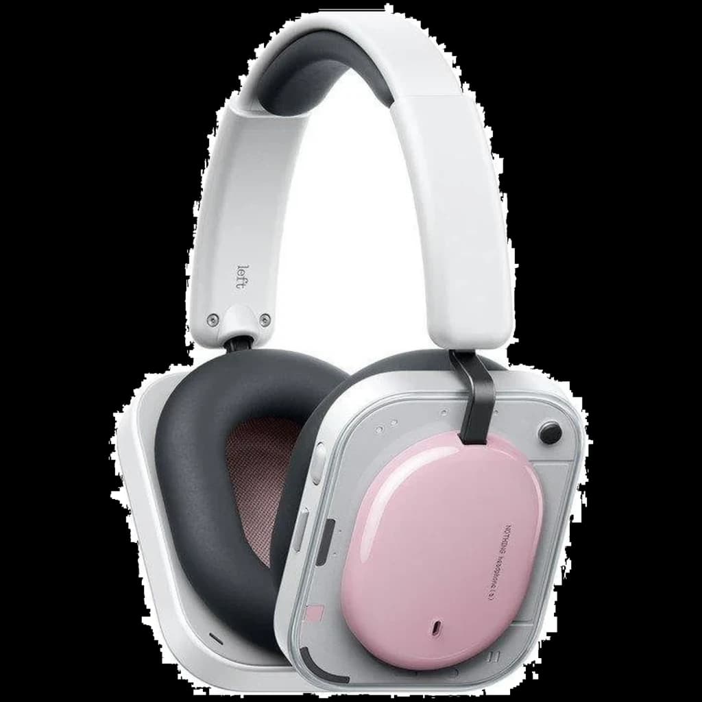 Nothing Headphone (a) Rosa com diadema; almofadas over-ear cinza, conchas quadradas com painel rosa, estrutura branca minimalista e detalhes prateados