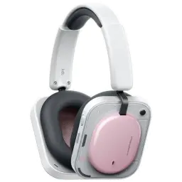 Nothing Headphone (a) Rosa com diadema; almofadas over-ear cinza, conchas quadradas com painel rosa, estrutura branca minimalista e detalhes prateados