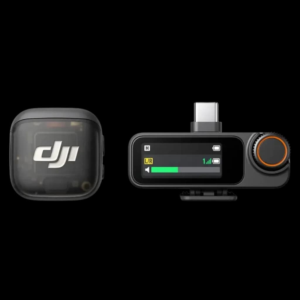 DJI Mic 3 1 émetteur + 1 récepteur compact avec écran OLED, molette orange, ports visibles et indicateurs de niveaux, design noir moderne