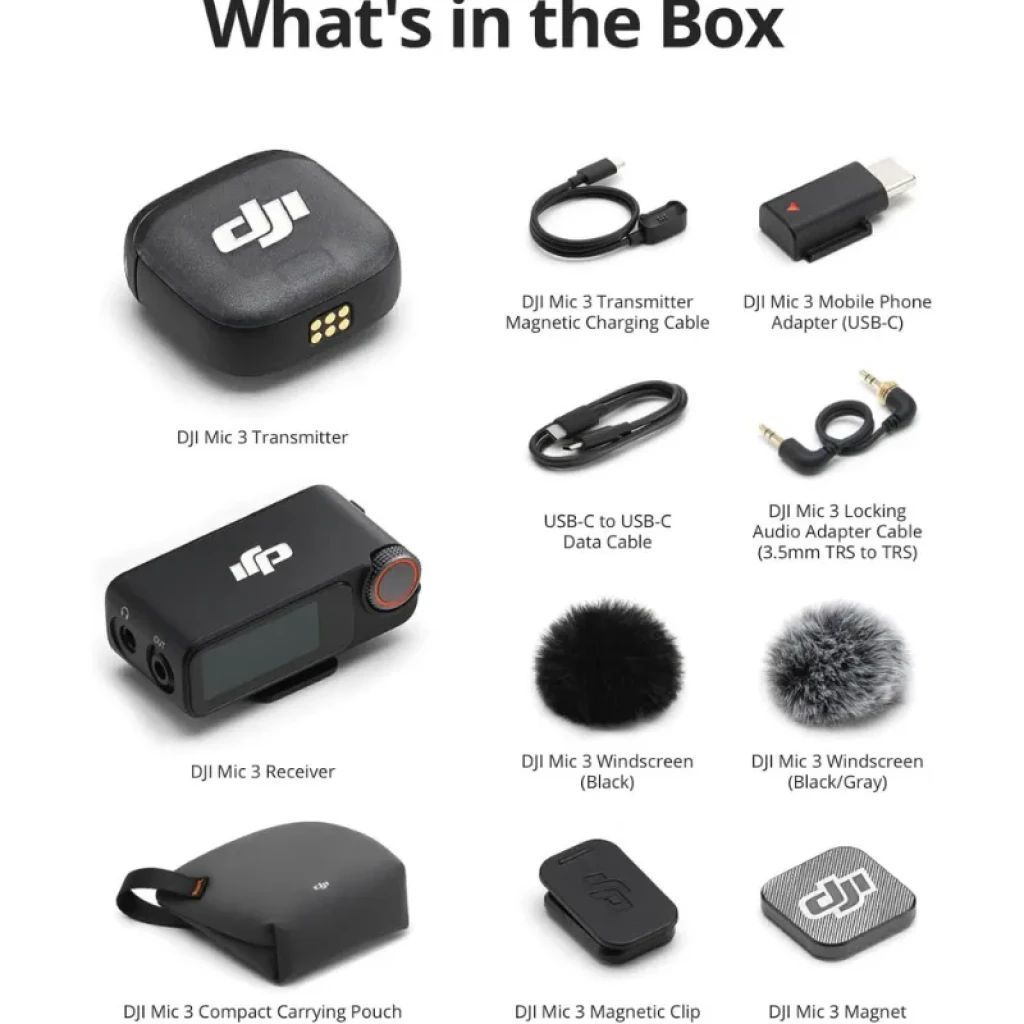 DJI Mic 3 1TX+1RX Microfone sem fios com transmissor compacto clip e receptor USB-C com display OLED, roda laranja e medidores de nível estéreo - Item6