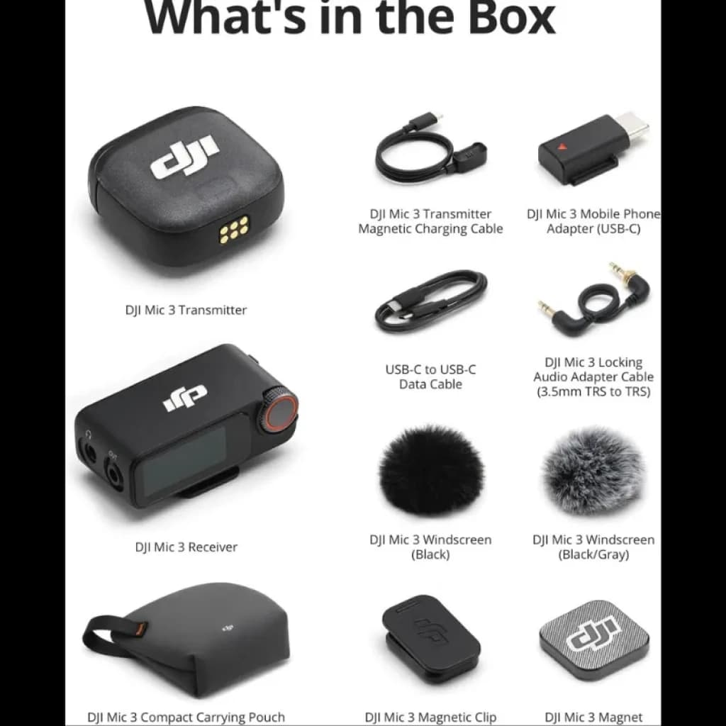 DJI Mic 3 avec 1 émetteur et 1 récepteur, étui compact, câbles USB-C, adaptateur mobile USB-C, adaptateur audio 3,5 mm, bonnettes anti-vent, clips