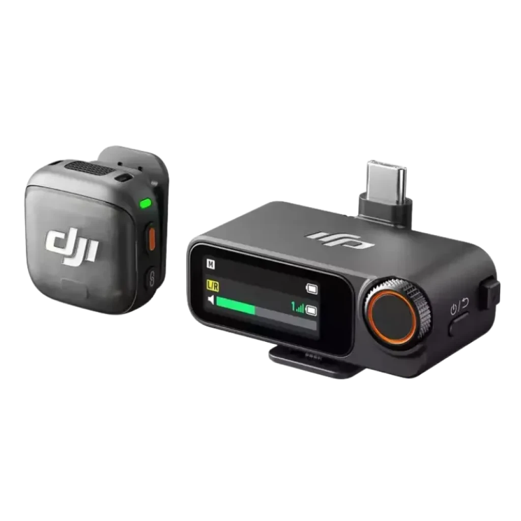 DJI Mic 3 1TX+1RX Microfone sem fios com transmissor compacto clip e receptor USB-C com display OLED, roda laranja e medidores de nível estéreo - Item1