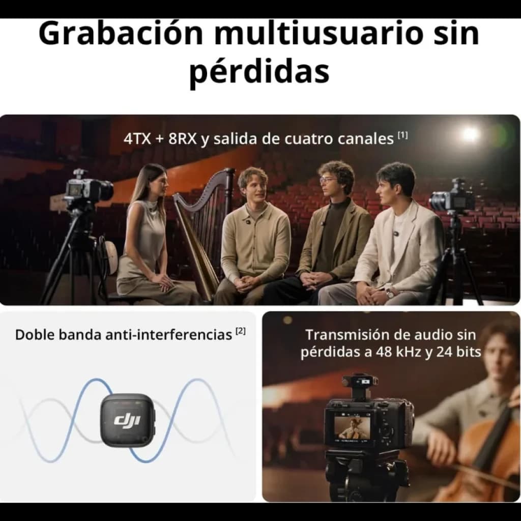 DJI Mic 3 avec audio 48 kHz 24 bits, 4 émetteurs + 8 récepteurs, double bande anti-interférences