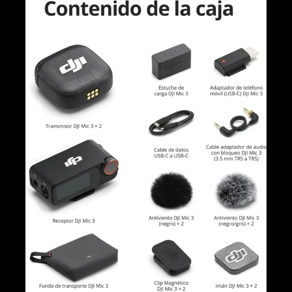 DJI Mic 3 avec 2 émetteurs compacts, 1 récepteur écran, étui de recharge, câbles USB-C et audio, bonnettes anti-vent, clips magnétiques, étui de