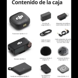 DJI Mic 3 avec 2 émetteurs compacts, 1 récepteur écran, étui de recharge, câbles USB-C et audio, bonnettes anti-vent, clips magnétiques, étui de
