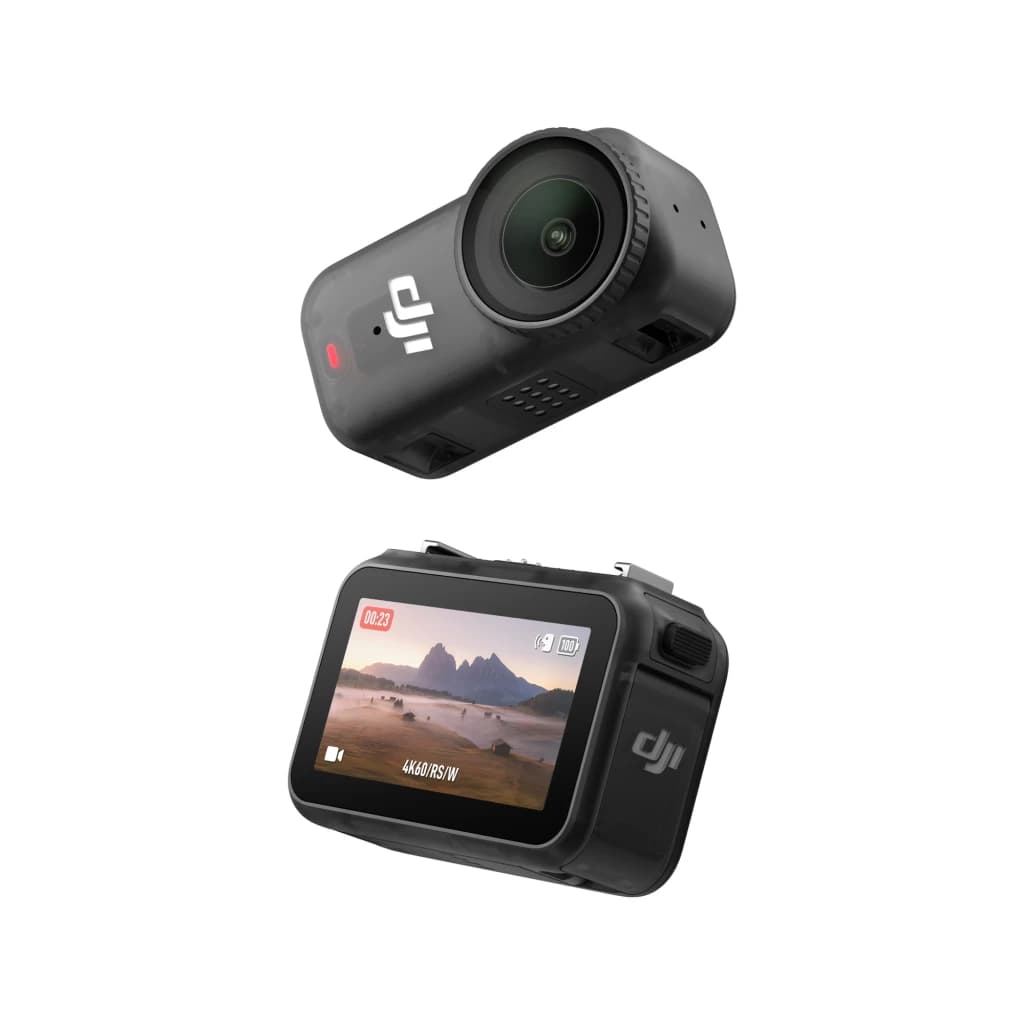 DJI Osmo Nano Standard 64GB 4K CMOS 124g cámara compacta negra con lente gran angular frontal y pantalla táctil trasera mostrando paisaje en alta definición